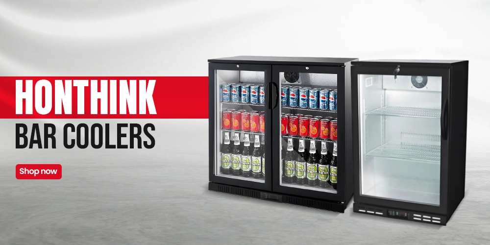 Banner showing Honthink merchandising refrigerators with glass doors, ideal for storing and displaying beverages in commercial settings.